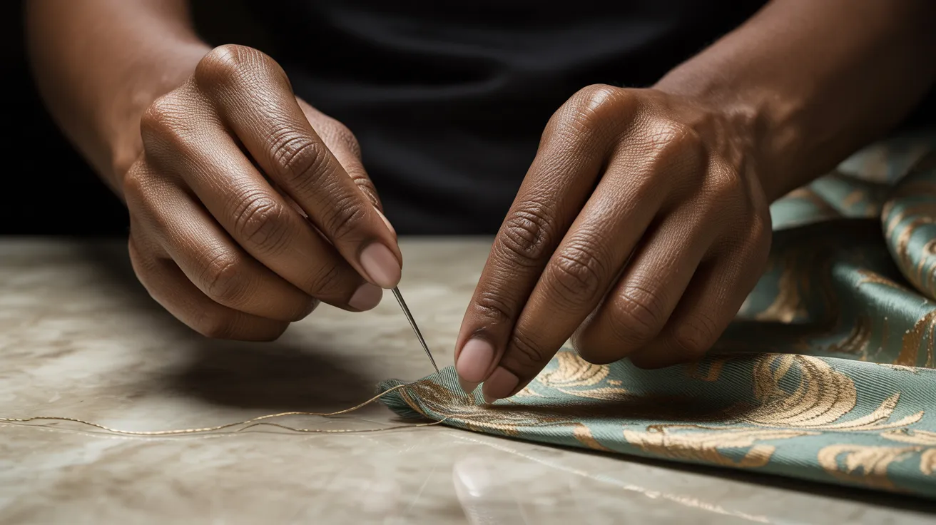 An artisan's hands hand-stitching a green and gold brocade gele