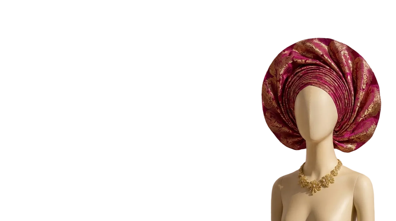 Magenta rose-bloom gele on a mannequin in a soft pink alcove
